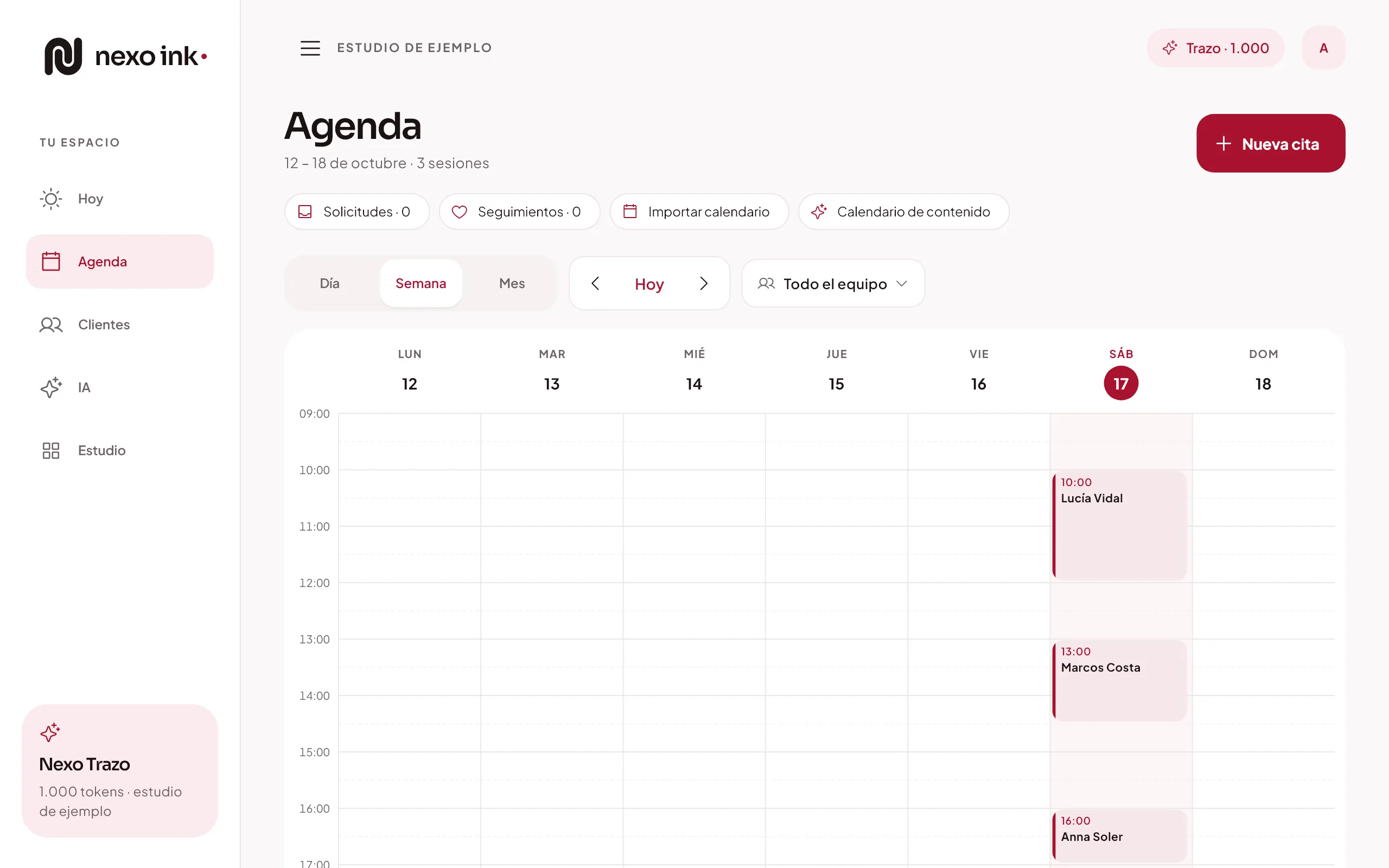 La agenda de la semana en Nexo Ink, con las sesiones de cada artista por colores.